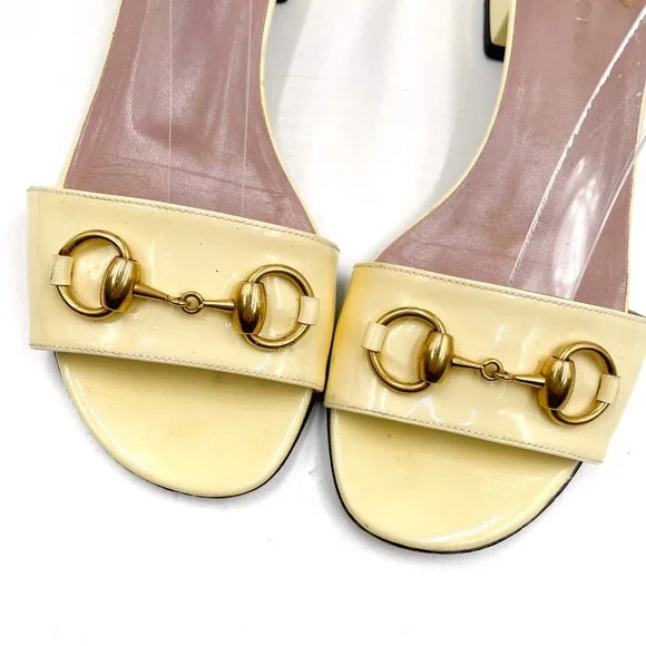 Gucci Horsebit Sandals Butter Yellow Patent Leather Low Heel Sz 36 / 6 - Picture 4 of 12